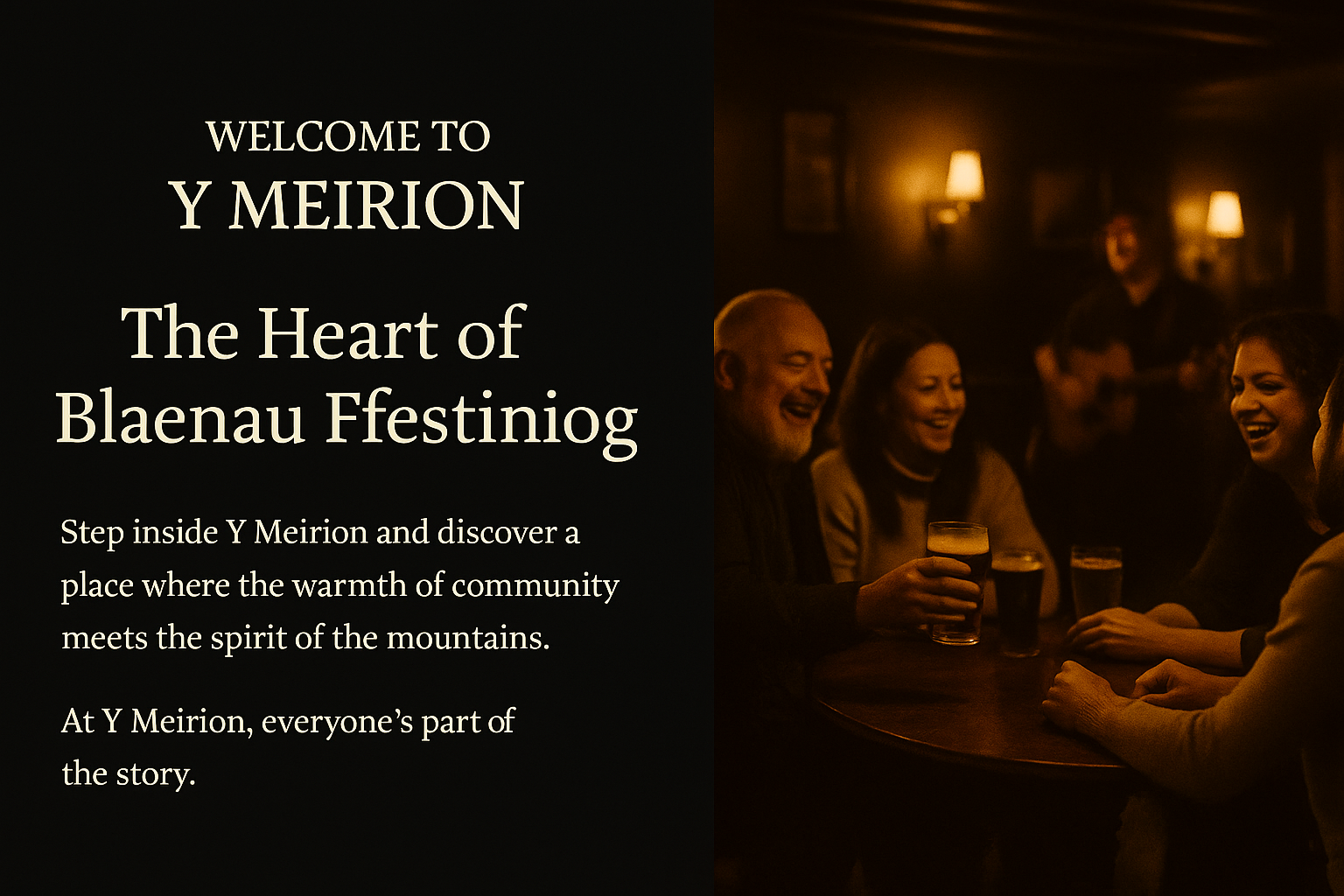A warmly lit pub interior at Y Meirion, with people enjoying drinks and laughter — representing community and Welsh hospitality.