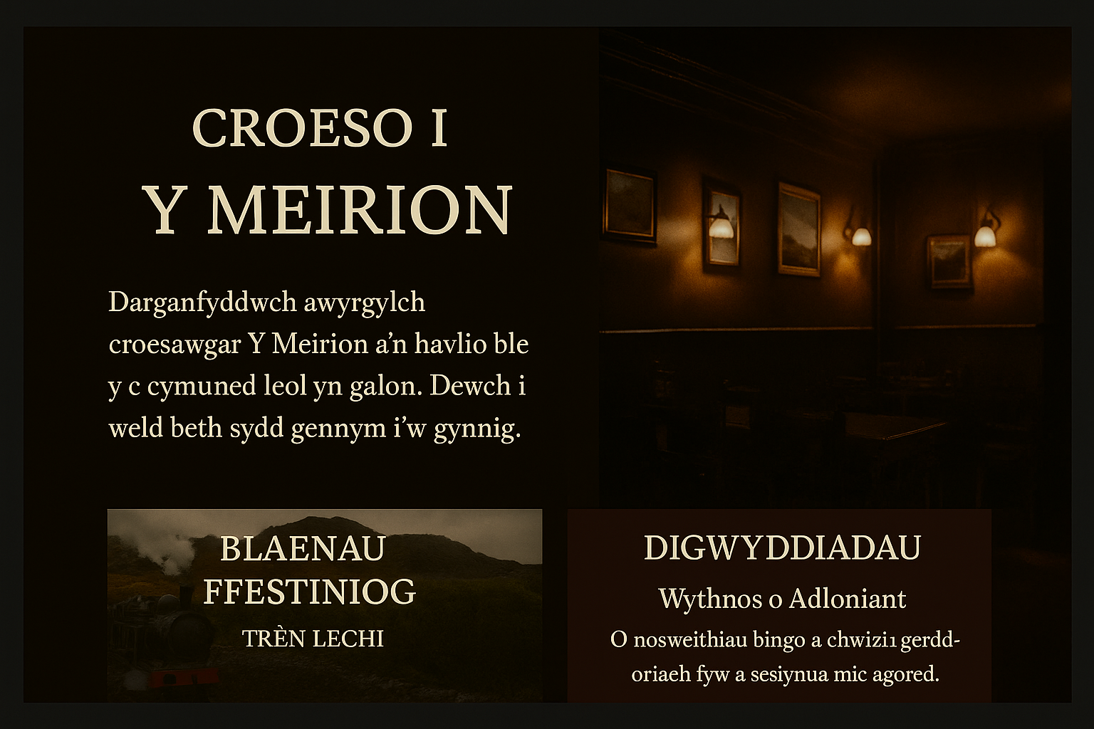 Tu mewn cynnes Y Meirion, tafarn leol yng Nghwm Eryri, gyda phobl yn mwynhau bwyd a cherddoriaeth fyw – yn dangos gwir groeso Cymreig